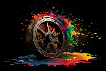 Car wheel with colorful paint splashes on black background. 3d renderingの素材