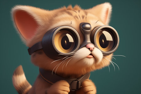 Funny kitten with binoculars and glasses. 3d illustrationの素材