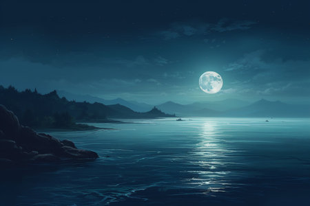 Fantasy landscape with sea and mountains at night in full moon lightの素材
