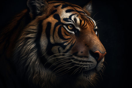 Close-up portrait of a tiger on a dark background. Studio shot.の素材