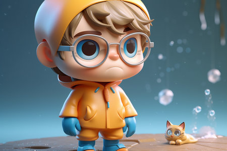 3d illustration of a boy in a raincoat and glasses playing with a catの素材