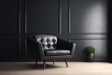 Classic black leather armchair in classic interior with black walls and wooden floor. 3d renderの素材