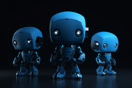 3d rendering group of robots on black background with dark backroundの素材