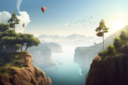Fantasy landscape with hot air balloons flying over the lake. 3D renderingの素材