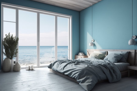 Blue bedroom interior with sea view and sunlight. 3D Renderingの素材