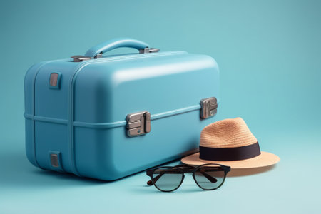 Suitcase, hat and glasses on blue background. Travel conceptの素材