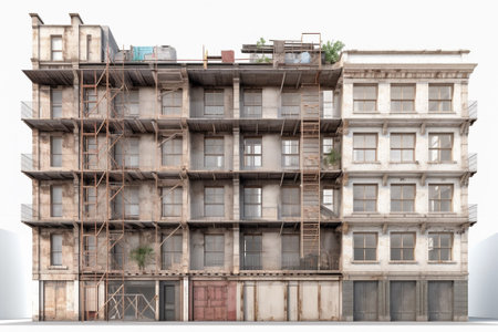 3D rendering of a building under construction with scaffolding on white backgroundの素材