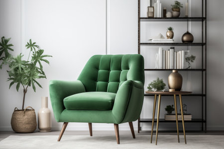 Green armchair in modern living room interior. 3d render illustrationの素材