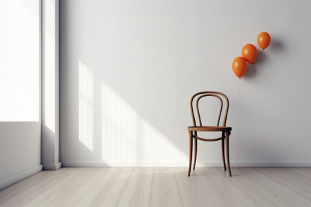 Interior of modern living room with white walls, wooden floor, comfortable brown chair and orange balloons. 3d renderingの素材