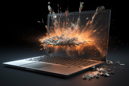 Broken laptop screen with explosion effect. 3d render illustration.の素材