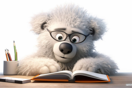Teddy bear with glasses and a book on a white background.の素材