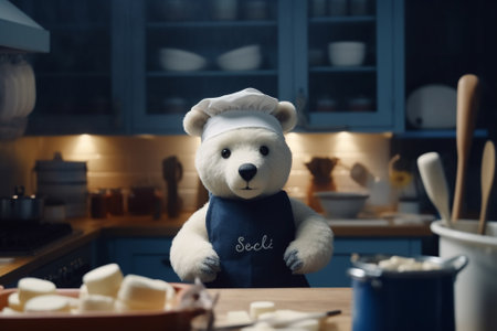 Teddy bear with chef hat and apron standing in the kitchenの素材