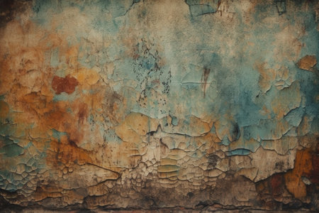 Texture of old rustic wall covered with yellow and blue stuccoの素材