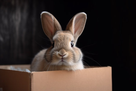 Rabbit in a cardboard box on a black background, close-upの素材