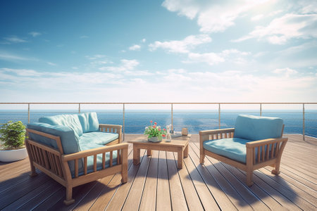Wooden terrace with sea view. 3d rendering mock upの素材
