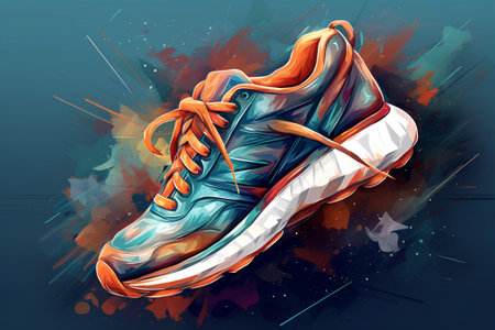 Illustration of a running sneaker with splashes on a grunge backgroundの素材