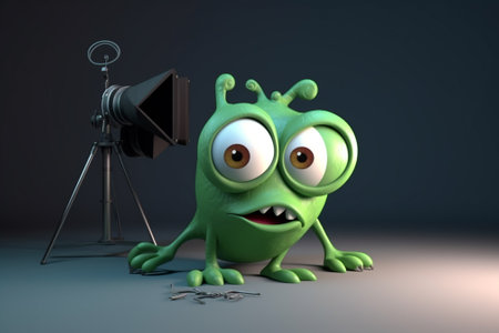 Cartoon green monster in front of a camera. 3d renderingの素材