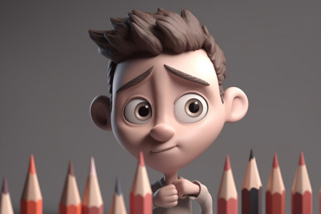 Cartoon boy with pencils. 3D illustration. People series.の素材