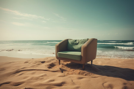 Sofa on the beach with sea background. vintage tone.の素材