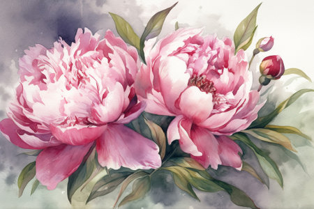 Watercolor painting of peony flowers. Hand painted floral background.の素材