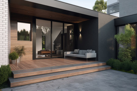 Outdoor terrace with wooden floor and white sofa. 3d renderingの素材