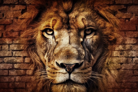 Lion in front of a brick wall, grunge style.の素材