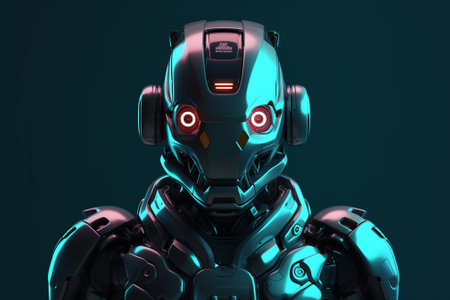 Cyborg robot with glowing eyes isolated on dark background. 3D renderingの素材