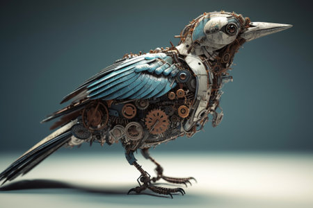3d rendering of a metallic crow made of gears and cogwheelsの素材