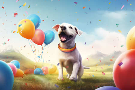 Cute yellow labrador retriever dog with colorful balloons in the meadowの素材
