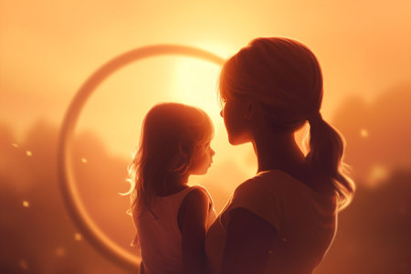 Mother and daughter playing together at sunset. Concept of happy family.の素材