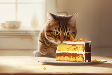 Cute british cat eating slice of cake on wooden tableの素材