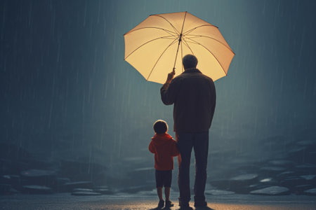 Little boy and his father standing under an umbrella in the rain at nightの素材