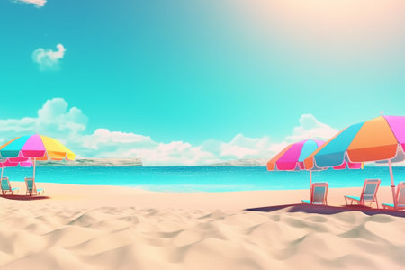 Beach with umbrellas and chairs, 3d render.の素材