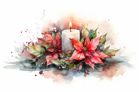 Watercolor Christmas candle with poinsettia flowers and leaves.の素材