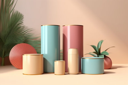 3d render of cosmetic product display podium with palm leaf for mock upの素材