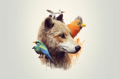Portrait of fox and parrots on white background. Mixed mediaの素材