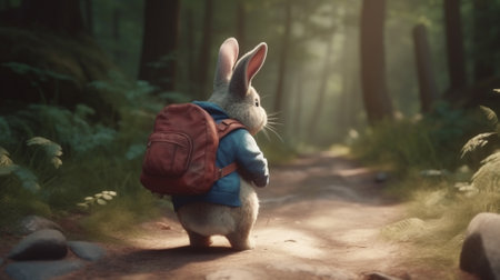 Rabbit with backpack walking in the forest. Easter holidays concept.の素材