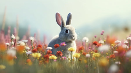 Rabbit in a flower meadow. Spring nature background. Happy Easter concept.の素材
