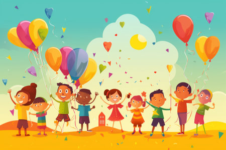 Happy Children Playing with Balloons in the Park. Vector Illustrationの素材