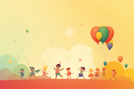 Children playing in the park with balloons. Happy childhood concept. Vector illustration.の素材