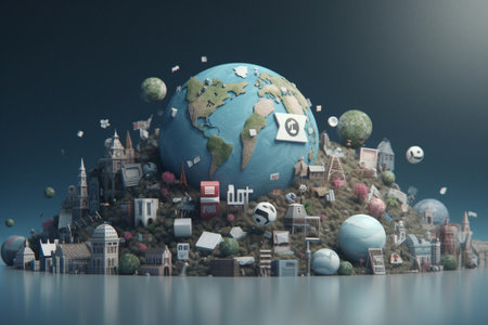 3d render of a planet earth surrounded by buildings and houses.の素材