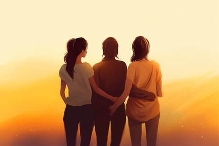Group of young women standing back to back. Back view. Vector illustrationの素材