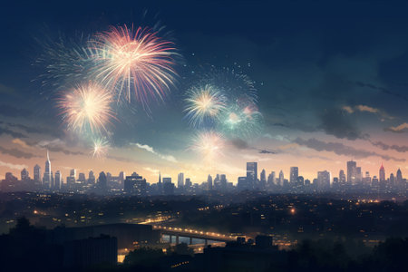 Cityscape with fireworks at night as a concept of New Year celebrationの素材
