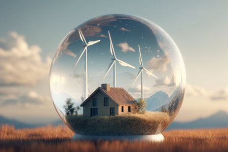 Crystal ball with house and wind turbines in the field. 3D renderingの素材