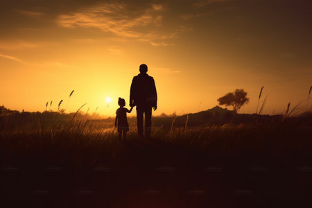 Silhouette of father and daughter walking in the field at sunsetの素材