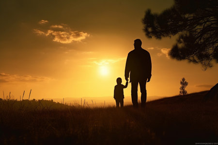 Father and son walking in the field at sunset. Happy family concept.の素材
