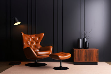 Modern living room interior with brown armchair and lamp on black wall. 3D Renderingの素材