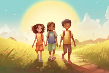 Three kids holding hands and walking on a path in the countryside.の素材