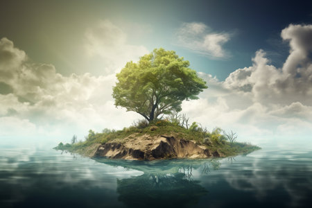 Lonely tree on the island floating in the sea. 3d renderの素材