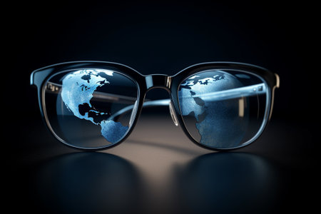 Sunglasses with world map on dark background. 3d renderingの素材
